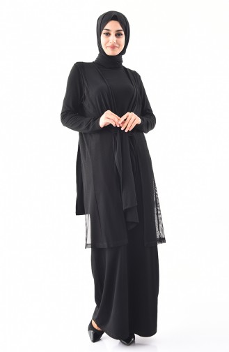 طقم فستان و سترة بدون أكمام بتفاصيل مُخرمة 1163-01 لون أسود 1163-01