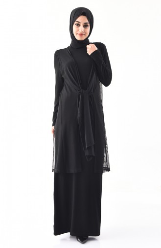 طقم فستان و سترة بدون أكمام بتفاصيل مُخرمة 1163-01 لون أسود 1163-01