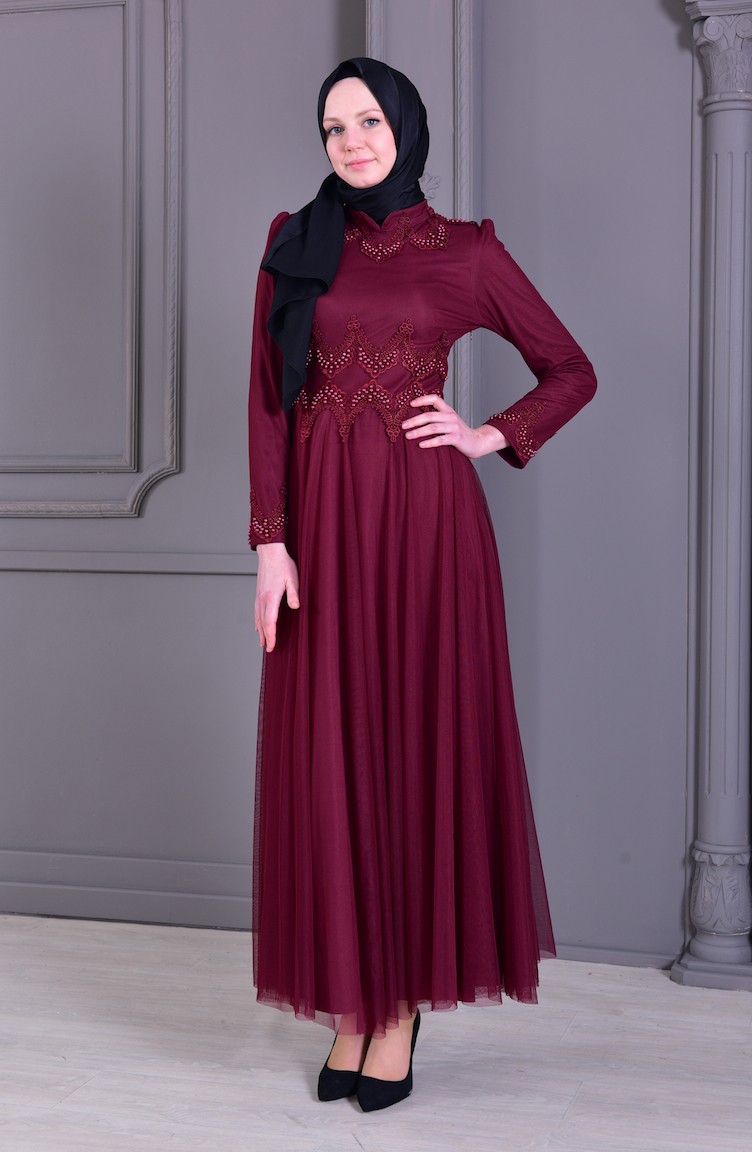BURUN Pearls Evening Dress 81650-01 Bordeaux 81650-01