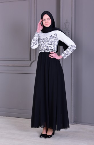 Stone Printed Evening Dress 0165-01 White Black 0165-01