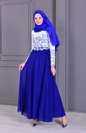 فستان سهرة بتصميم مُطبع باحجار لامعة 0165-03 لون ابيض وازرق 0165-03