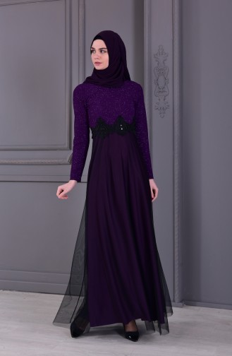 Lace Detailed Evening Dress 3833A-04 Purple 3833A-04