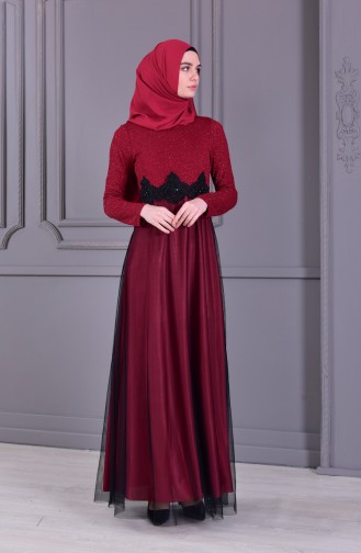 Lace Detailed Evening Dress 3833A-05 Bordeaux 3833A-05