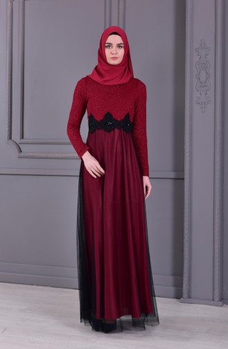 Lace Detailed Evening Dress 3833A-05 Bordeaux 3833A-05