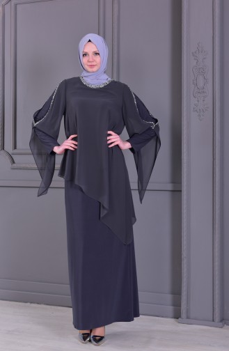Gray Hijab Evening Dress 4007-04