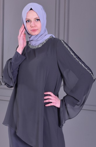 Gray Hijab Evening Dress 4007-04