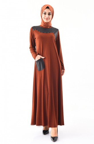 Büyük Beden İnci Detaylı Elbise 1139-06 Taba