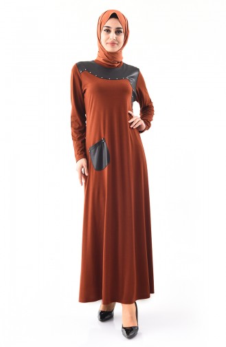 Büyük Beden İnci Detaylı Elbise 1139-06 Taba