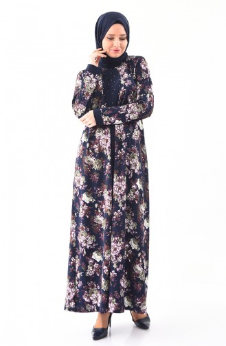 METEX Large Size Floral Patterned Pearl Dress 1148-01 Navy Blue Green 1148-01