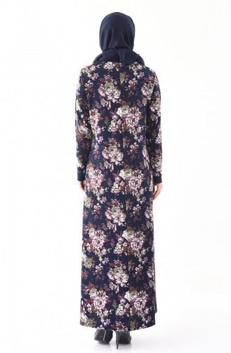 METEX Large Size Floral Patterned Pearl Dress 1148-01 Navy Blue Green 1148-01