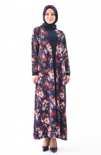 METEX Large Size Floral Patterned Pearl Dress 1148-03 Navy Blue Red 1148-03