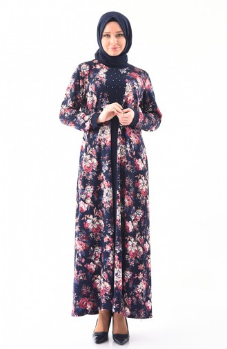 METEX Large Size Floral Patterned Pearl Dress 1148-04 Navy Blue Dried Rose 1148-04