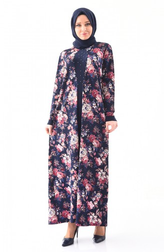 METEX Large Size Floral Patterned Pearl Dress 1148-04 Navy Blue Dried Rose 1148-04