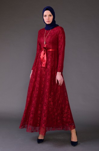 فستان مزين بقلادة بتصميم من الدانتيل 5541-01 لون خمري 5541-01