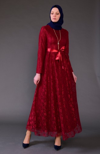 فستان مزين بقلادة بتصميم من الدانتيل 5541-01 لون خمري 5541-01