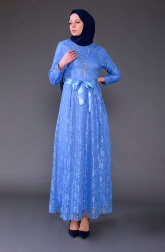 فستان مزين بقلادة بتصميم من الدانتيل 5541-08 لون ازرق 5541-08