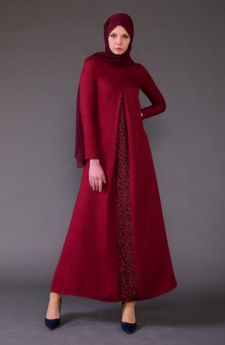 Minahill Leopard Garnished A Split Dress 5004-04 Claret Red 5004-04