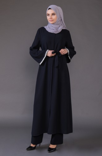 Stone Embroidered Belted Abaya 4024-01 Navy Blue 4024-01