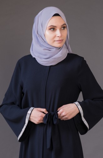 Stone Embroidered Belted Abaya 4024-01 Navy Blue 4024-01