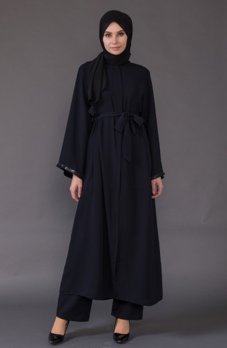 Stone Embroidered Belted Abaya  4025-02 Navy Blue 4025-02