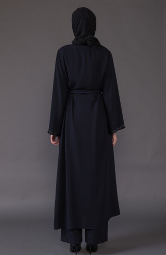 Stone Embroidered Belted Abaya  4025-02 Navy Blue 4025-02
