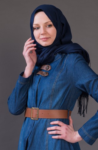 Jeans Hijab Mantel mit Gürtel 8989-02 Dunkelblau 8989-02