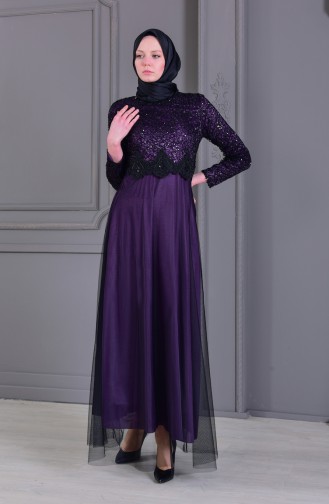 Lace Detailed Evening Dress 3851-03 Purple 3851-03