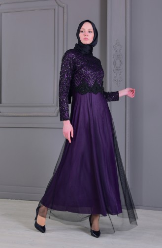 Lace Detailed Evening Dress 3851-03 Purple 3851-03