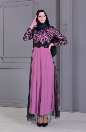 Lace Detailed Evening Dress 3851-04 dry Rose 3851-04