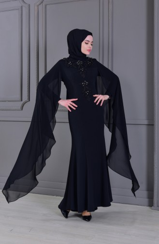 Güpür Detaylı Abiye Elbise 8487-05 Siyah