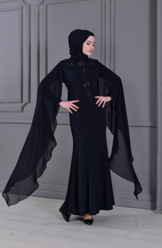 Guipure Detailed Evening Dress 8487-05 Black 8487-05