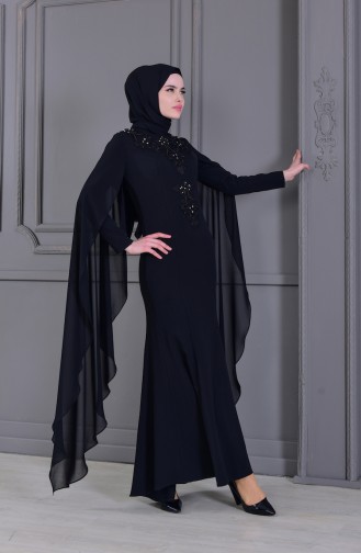 Guipure Detailed Evening Dress 8487-05 Black 8487-05