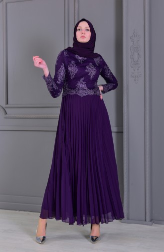Lace Pleated Detailed Evening Dress 8504-04 Purple 8504-04