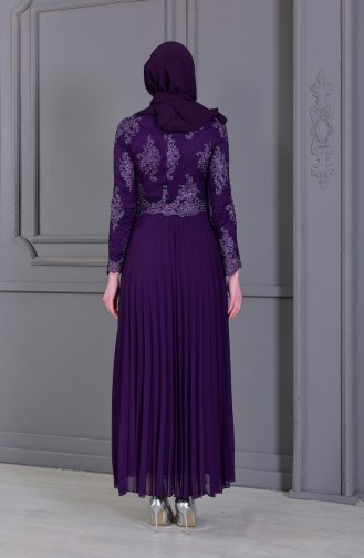Lace Pleated Detailed Evening Dress 8504-04 Purple 8504-04
