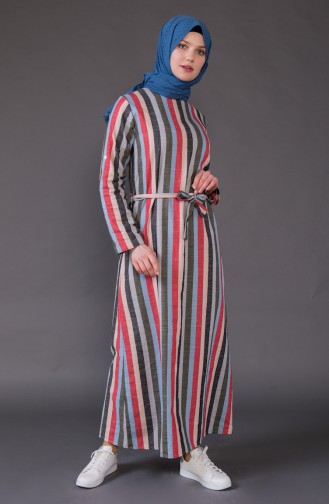 Çizgili Kuşaklı Elbise 1327-01 Kırmızı Mavi