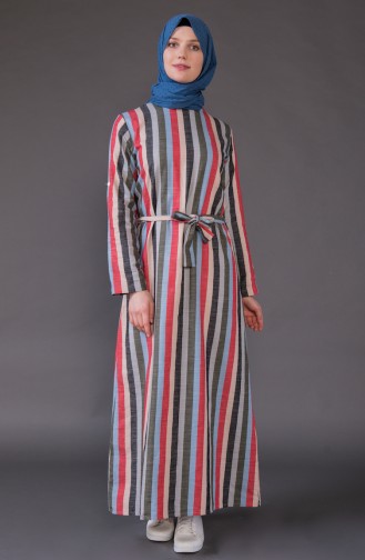 Çizgili Kuşaklı Elbise 1327-01 Kırmızı Mavi