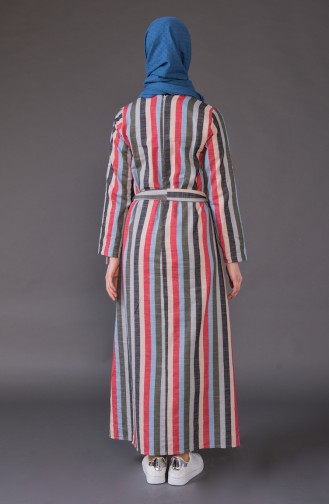 Çizgili Kuşaklı Elbise 1327-01 Kırmızı Mavi 1327-01