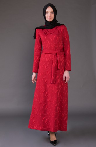 Jakarlı Kuşaklı Elbise 1123-03 Kırmızı