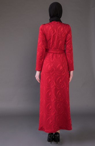 Jakarlı Kuşaklı Elbise 1123-03 Kırmızı