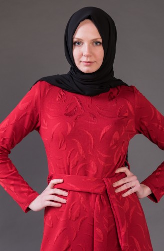 Jacquard Kleid mit Gürtel 1123-03 Rot 1123-03