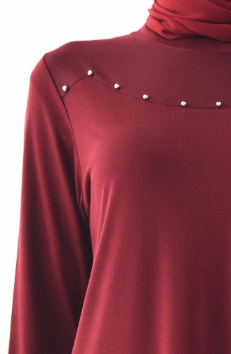 METEX Large Size Pearl Detail Dress 1139-01 Claret Red 1139-01