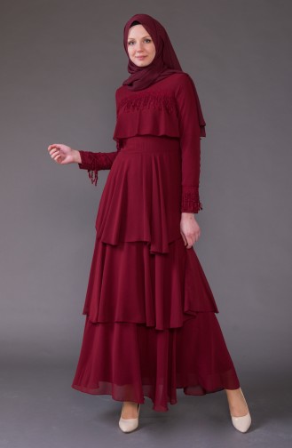 Lace Detailed Chiffon Dress 5595-01 Bordeaux 5595-01