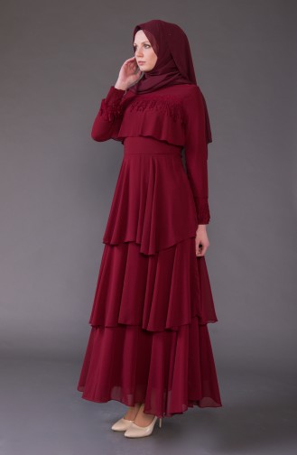 Lace Detailed Chiffon Dress 5595-01 Bordeaux 5595-01
