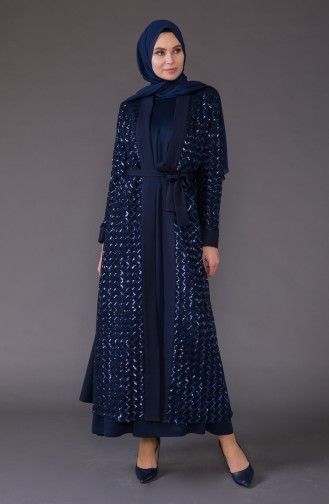 Payetli Kuşaklı Abaya 61278-02 Lacivert