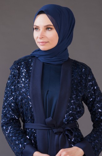 Payetli Kuşaklı Abaya 61278-02 Lacivert