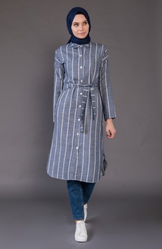 Striped Belted Long Tunic 1324-01 Navy Blue 1324-01