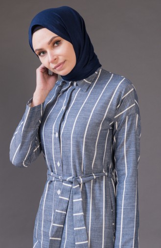 Striped Belted Long Tunic 1324-01 Navy Blue 1324-01