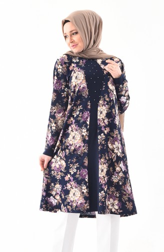 METEX Large Size Flower Patterned Pearls Tunic 1149-01 Navy Blue Purple 1149-01