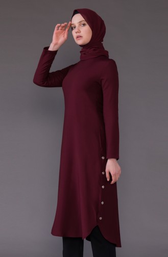 Buttons Detailed Asymmetric Tunic 3161-09 Claret Red 3161-09