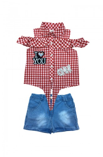 Girls Cotton Shirts & Jeans Shorts Suit A9535 Red 9535